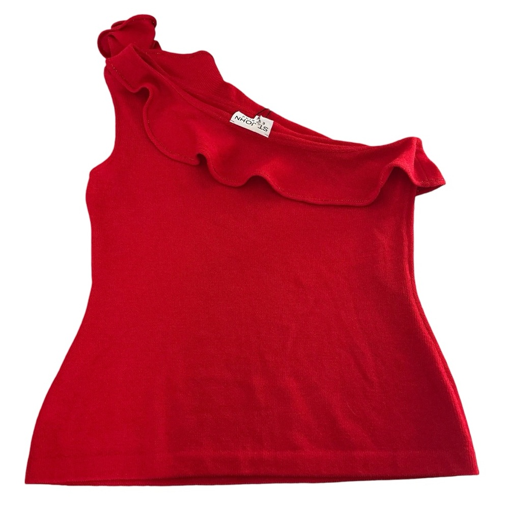 St John evening women’s red ruffle neck cold shoulder rib knit top blouse size L